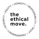 The Ethical Move logo in [black on white] [with values in a circle outline: Honesty, Responsibility, Trust, Transparency, Integrity, Equity]. Links to theethicalmove.org